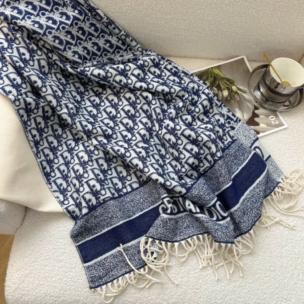 Dior Navy & White Monogram Fringe Scarf Throw - Picture 3 of 6